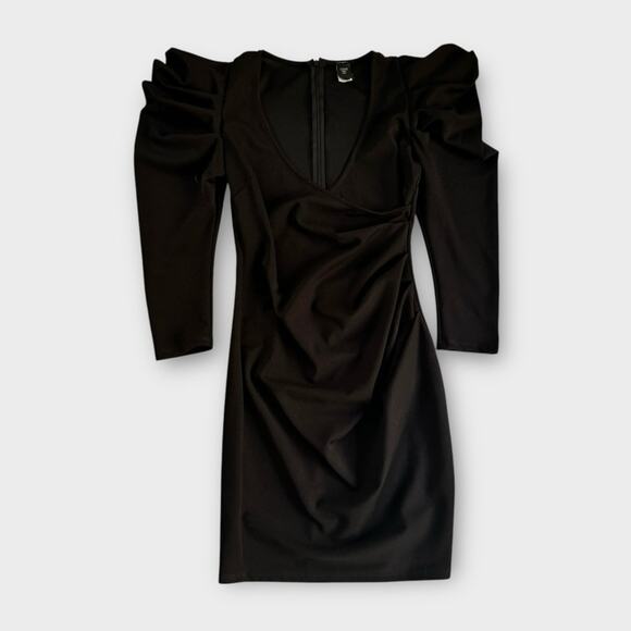 Vintage Gibiu Black Bodycon Faux Wrap Structured Shoulder Dress L - Picture 8 of 11